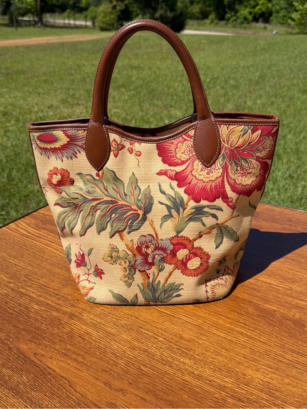 Talbots Floral Tapestry Tote Bag Canvas Leather Trim Boho Cottagecore - Picture 3 of 15